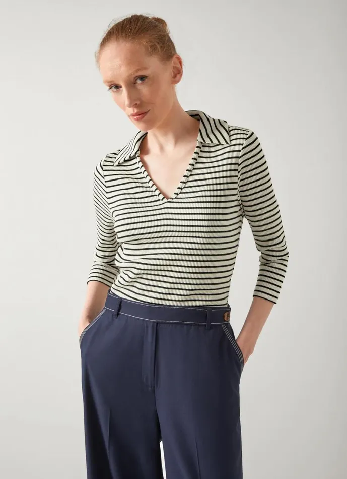 LKBennett Tops Women Lena Cream and Black Stripe Rib Collar Sleeved Jersey Top