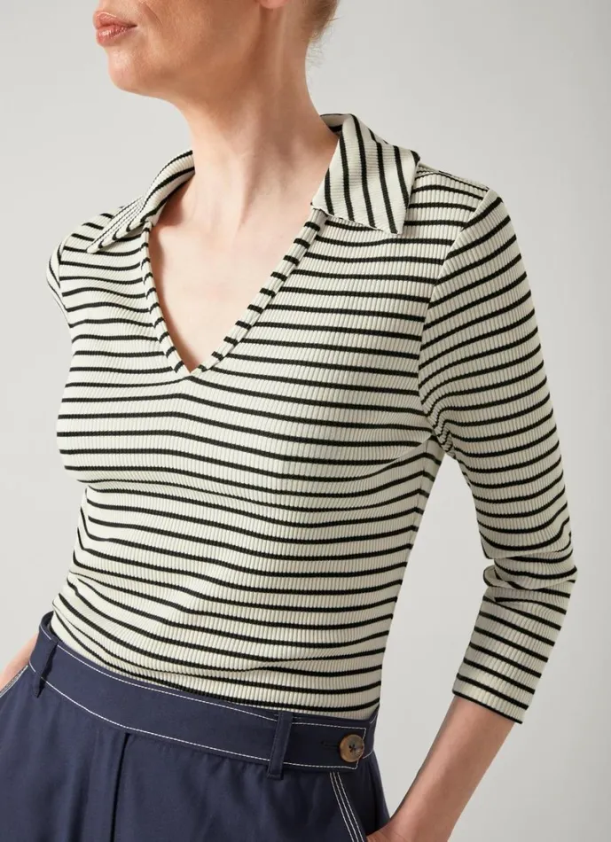 LKBennett Tops Women Lena Cream and Black Stripe Rib Collar Sleeved Jersey Top LKBennett Tops Women Lena Cream and Black Stripe Rib Collar Sleeved Jersey Top