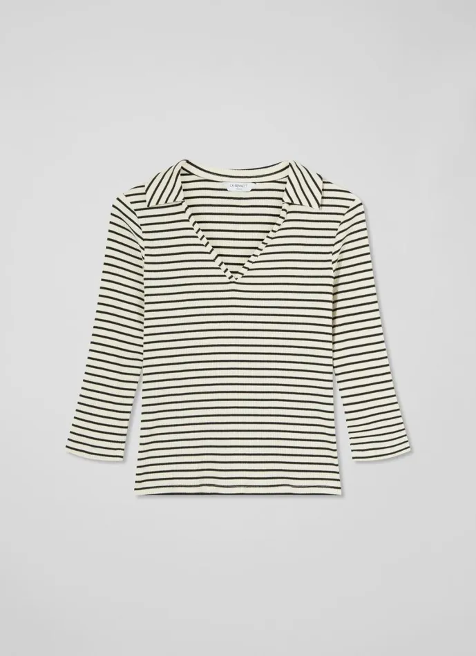 LKBennett Tops Women Lena Cream and Black Stripe Rib Collar Sleeved Jersey Top LKBennett Tops Women Lena Cream and Black Stripe Rib Collar Sleeved Jersey Top