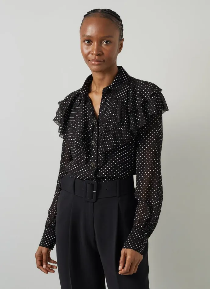 LKBennett Tops Women Margaux Black and Ivory Ruffle Shoulder Blouse LKBennett Tops Women Margaux Black and Ivory Ruffle Shoulder Blouse