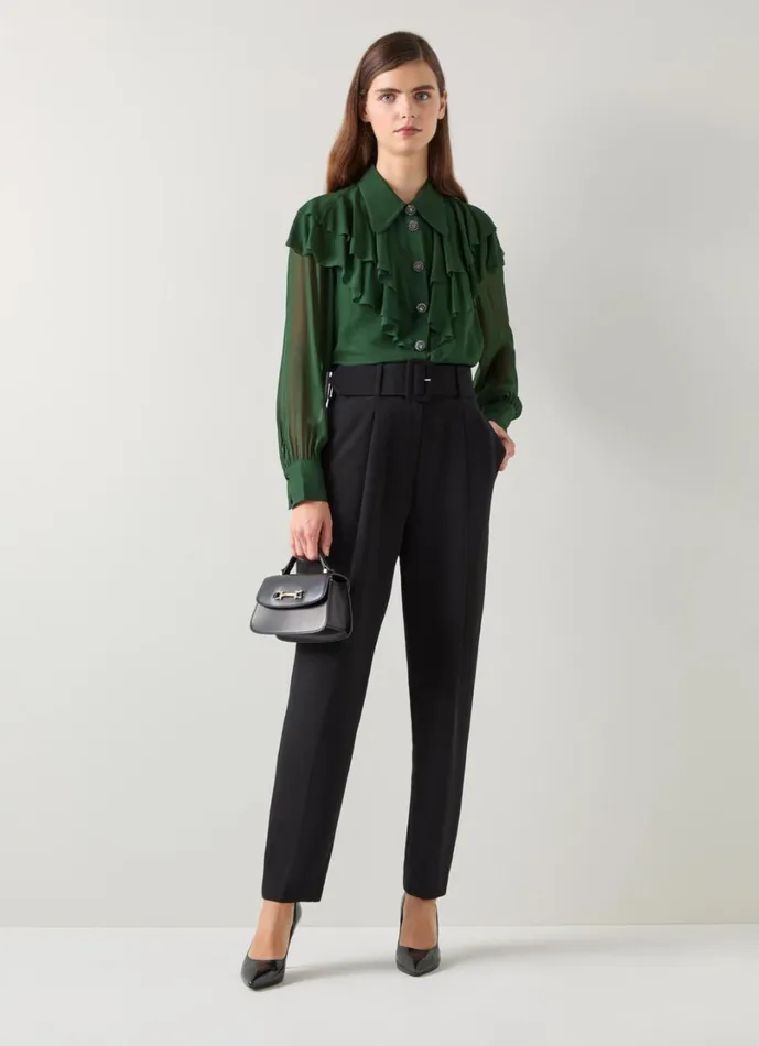 LKBennett Tops Women Margaux Dark Green Ruffle Shoulder Blouse