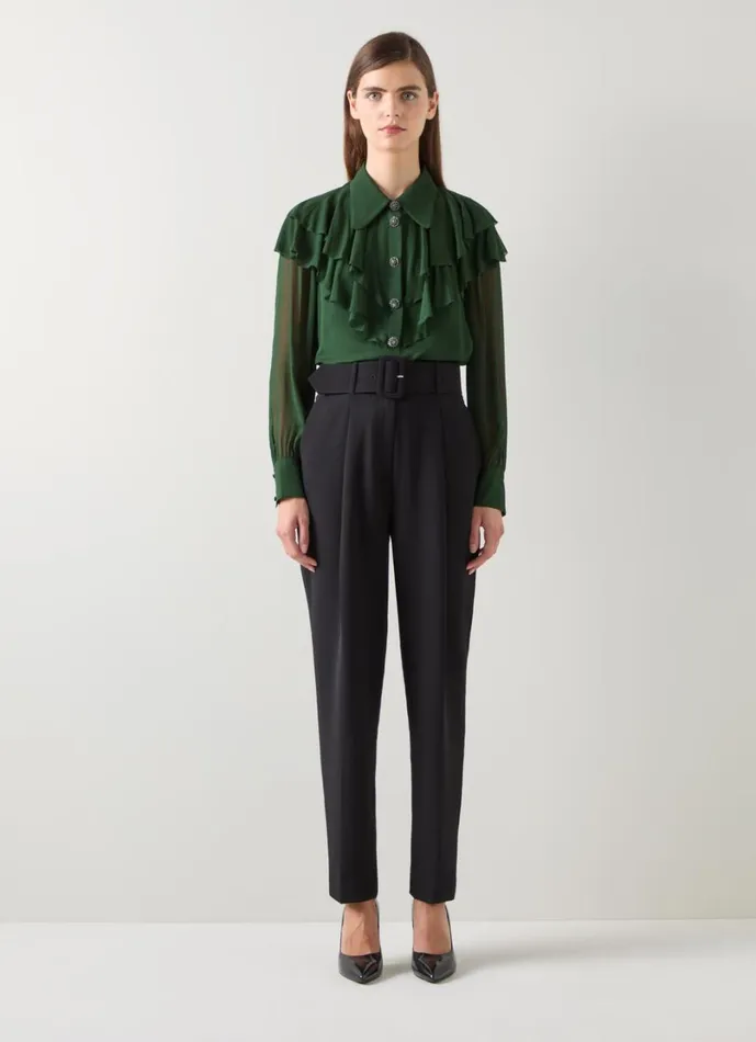 LKBennett Tops Women Margaux Dark Green Ruffle Shoulder Blouse
