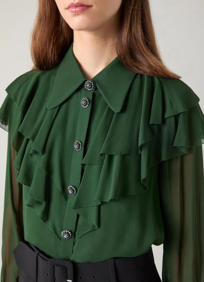 LKBennett Tops Women Margaux Dark Green Ruffle Shoulder Blouse