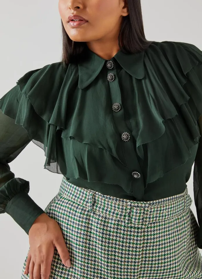 LKBennett Tops Women Margaux Dark Green Ruffle Shoulder Blouse