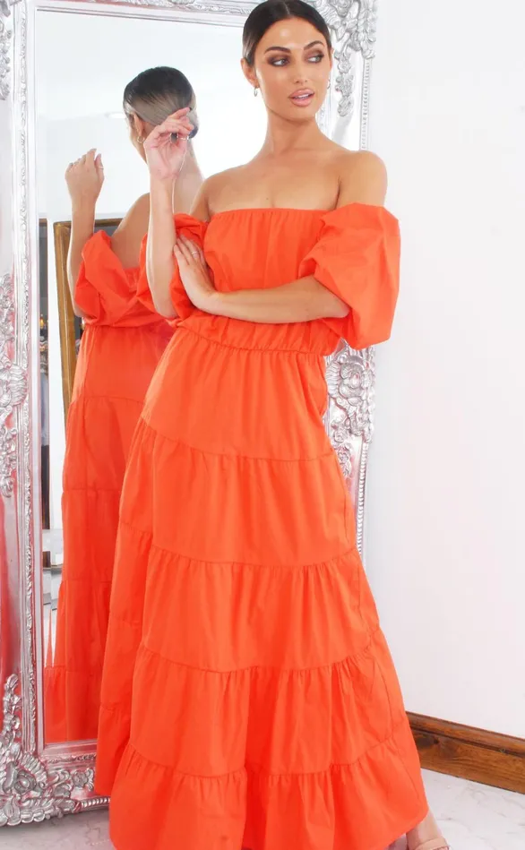 Lila Orange Bardot Balloon Sleeve Gypsy Maxi Dress Women Missfiga Maxi Dresses