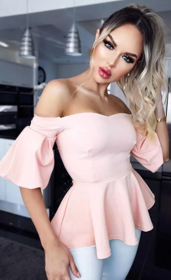 Lola Nude Puffed Sleeve Peplum Top Women Missfiga Tops