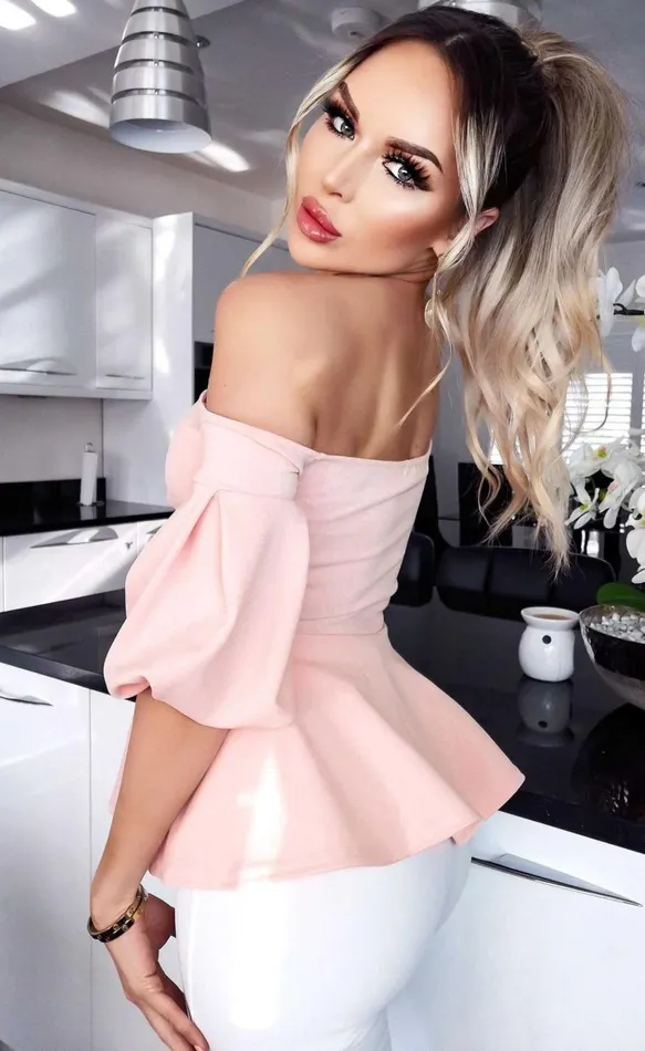 Lola Nude Puffed Sleeve Peplum Top Women Missfiga Tops Lola Nude Puffed Sleeve Peplum Top Women Missfiga Tops