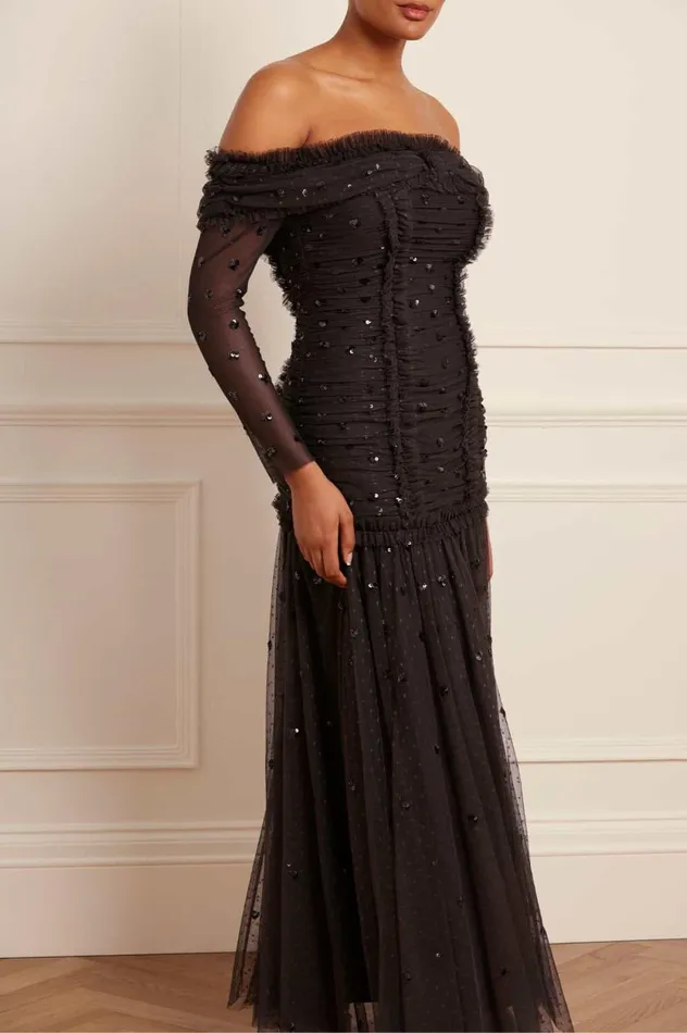 Love Heart Rouched OffShoulder Gown Black Women Needle and Thread Dresses