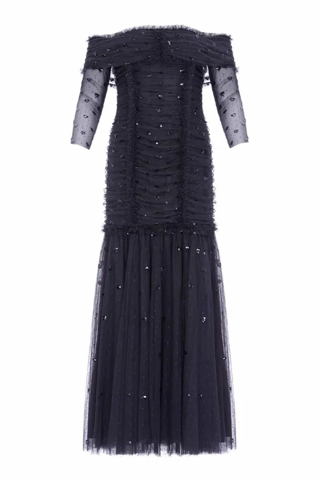 Love Heart Rouched OffShoulder Gown Black Women Needle and Thread Dresses