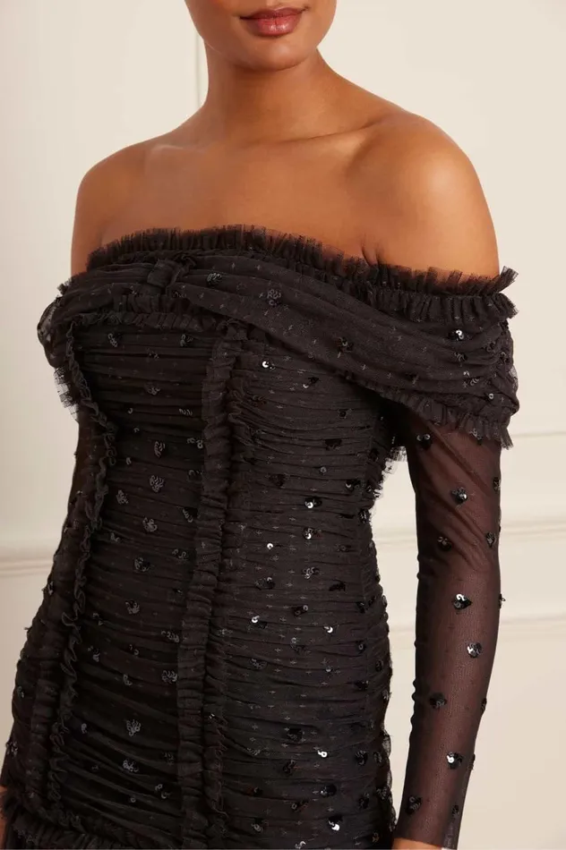 Love Heart Rouched OffShoulder Gown Black Women Needle and Thread Dresses