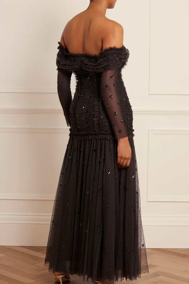 Love Heart Rouched OffShoulder Gown Black Women Needle and Thread Dresses