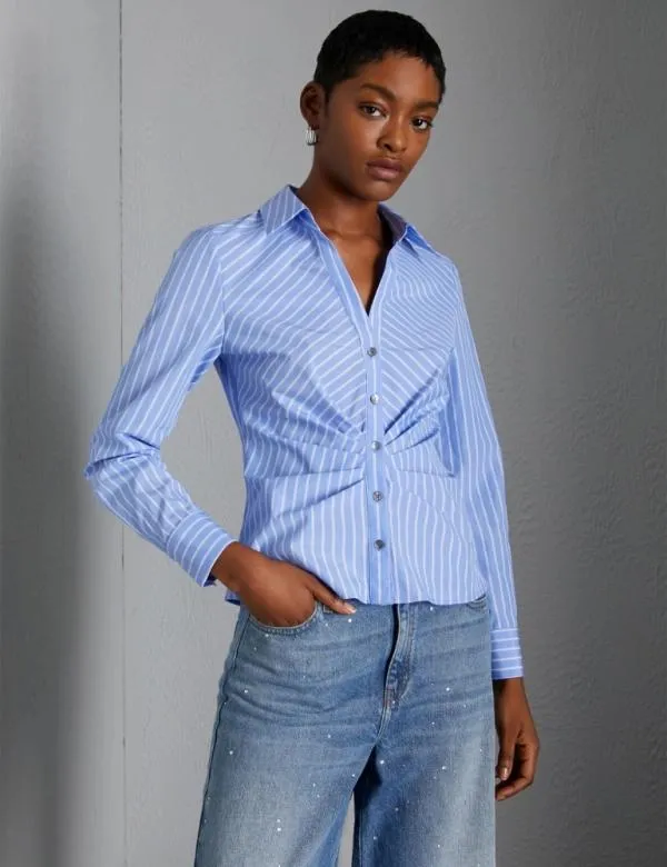 Marella Shirts Women Barstriped Cotton Shirt Light Blue