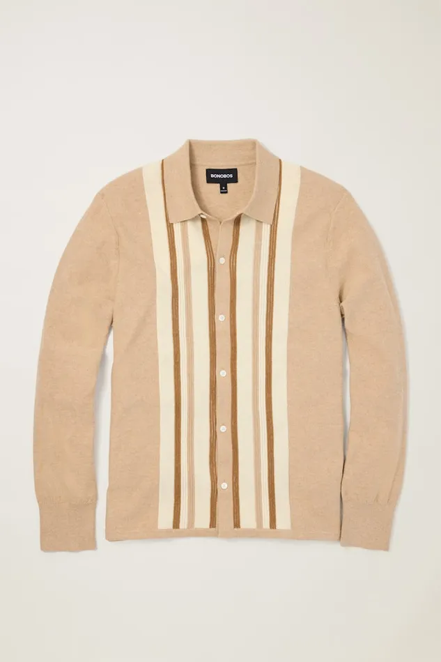 Men Bonobos Sweater Polos Hudson Long Sleeve Sweater Polo Camel Cotton Cashmere Stripe Men Bonobos Sweater Polos Hudson Long Sleeve Sweater Polo Camel Cotton Cashmere Stripe
