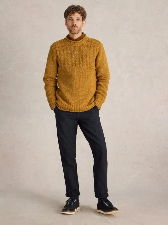Men Cable Mix Wool Crew Neck Mid Yellow White Stuff Knitwear