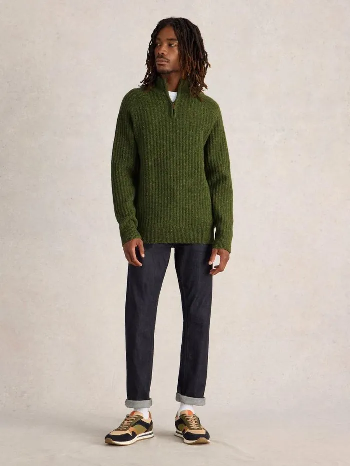 Men Chunky Funnel Neck Wool Jumper Green Multi White Stuff Knitwear