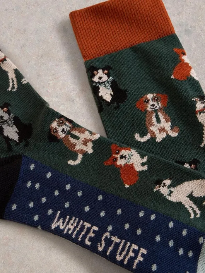 Men Dapper Dogs Ankle Sock Green Multi White Stuff Socks