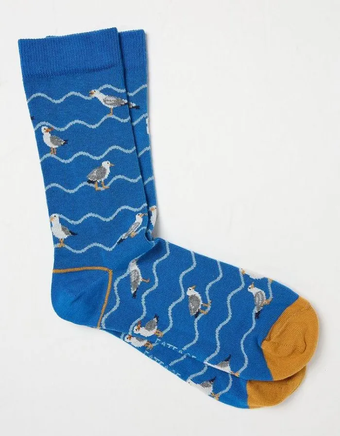 Men FatFace Buy 2 Get 1 Free Socks 1 Pack Wavy Seagull Socks Bright Blue