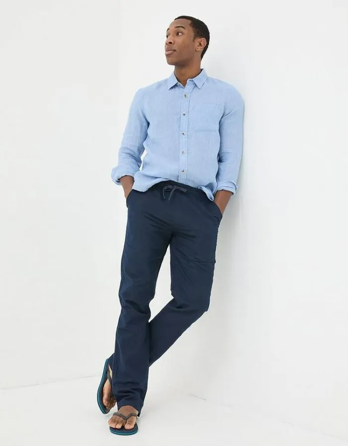 Men FatFace Pants and Chinos Straight Cotton Linen Pants Navy