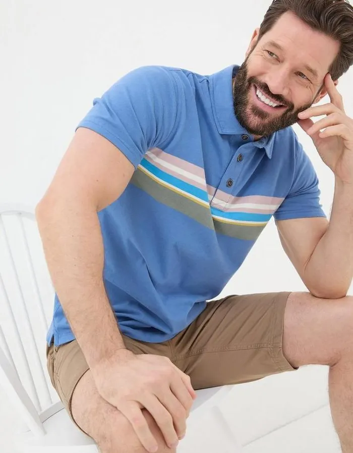 Men FatFace Polo Shirts Chest Stripe Polo Blue