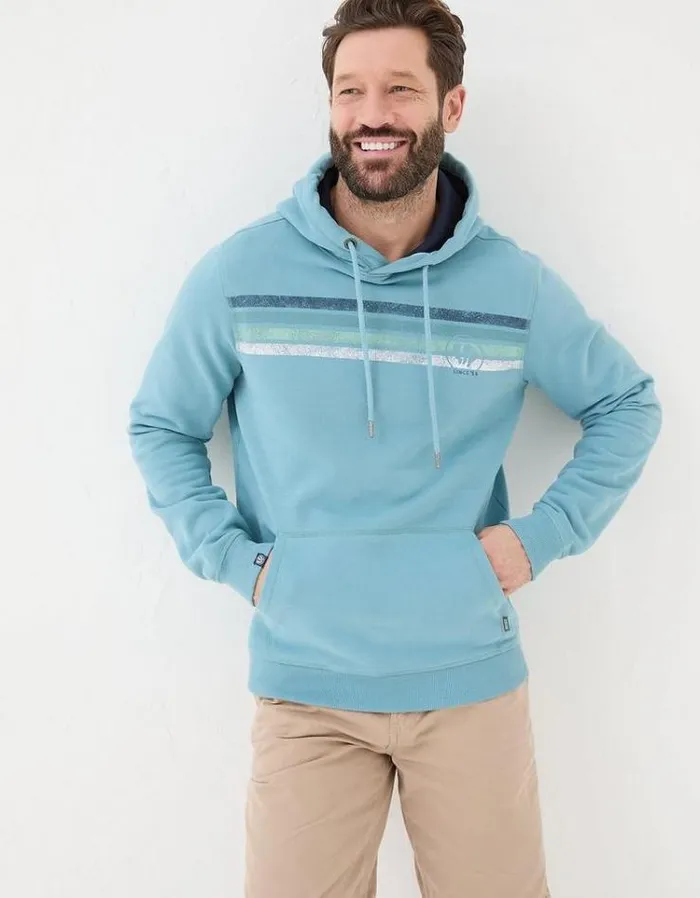 Men FatFace Sweatshirts and Hoodies Brooke Overhead Stripe Hoodie Dusky Blue