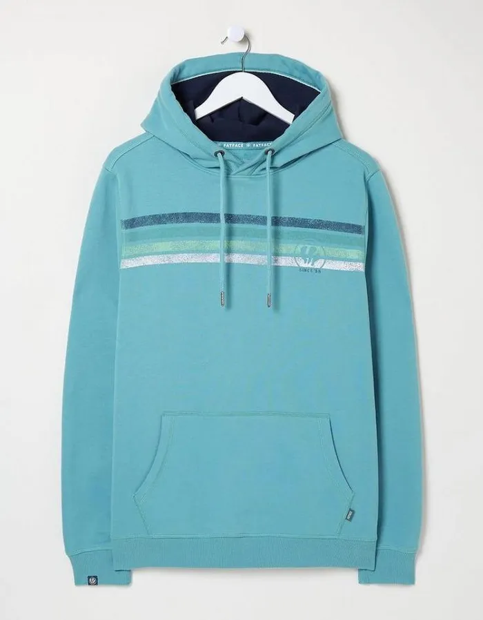 Men FatFace Sweatshirts and Hoodies Brooke Overhead Stripe Hoodie Dusky Blue