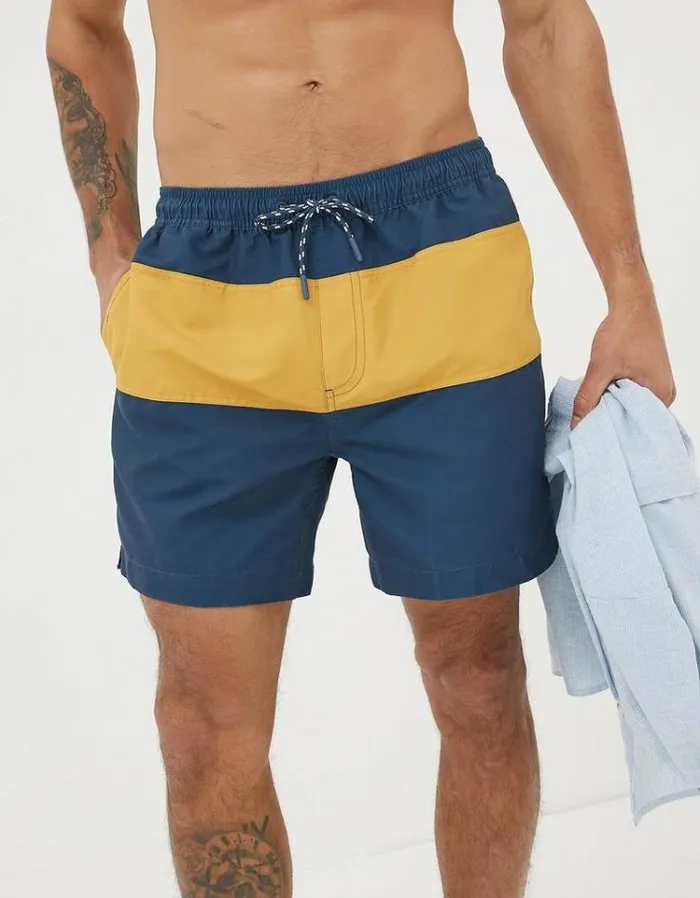 Men FatFace Swimwear Trevose Colour Block Swim Shorts Yellow
