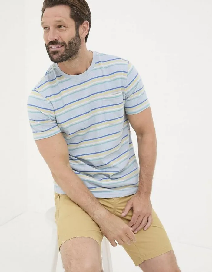 Men FatFace TShirts Polporrow Stripe Crew TShirt Light Blue