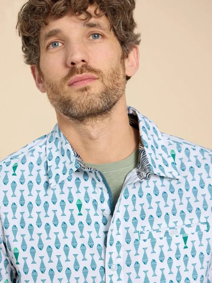 Men Geo Fish Printed SS Shirt White Print White Stuff Shirts Men Geo Fish Printed SS Shirt White Print White Stuff Shirts