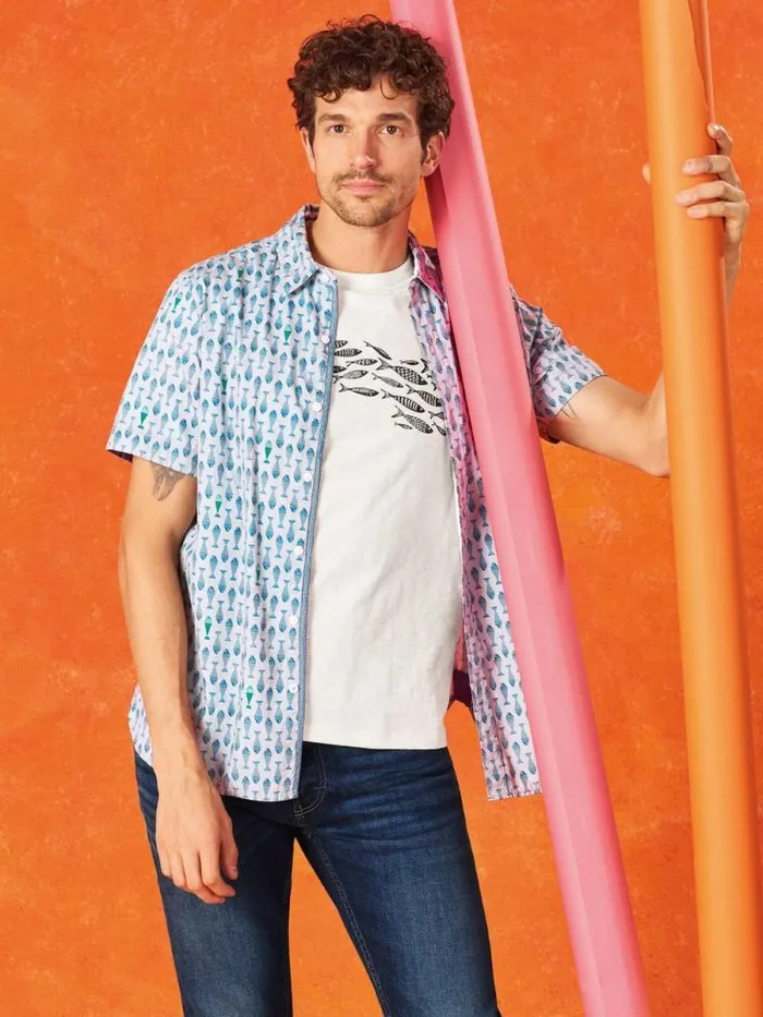 Men Geo Fish Printed SS Shirt White Print White Stuff Shirts Men Geo Fish Printed SS Shirt White Print White Stuff Shirts