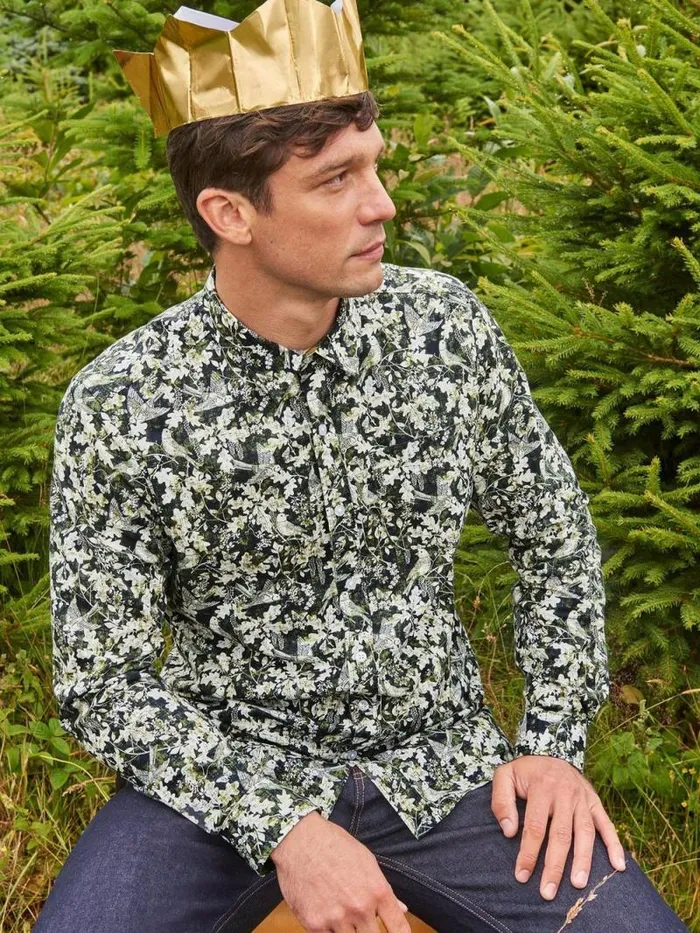 Men Hawthorn Bird Printed Shirt Black Multi White Stuff Shirts Men Hawthorn Bird Printed Shirt Black Multi White Stuff Shirts