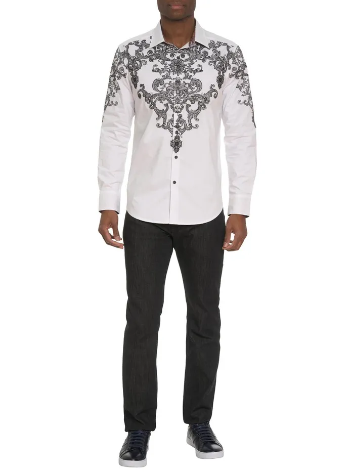 Men Long Sleeve Button Down Shirts Robert Graham LIMITED EDITION THE FINE FILIGREE LONG SLEEVE BUTTON DOWN SHIRT White