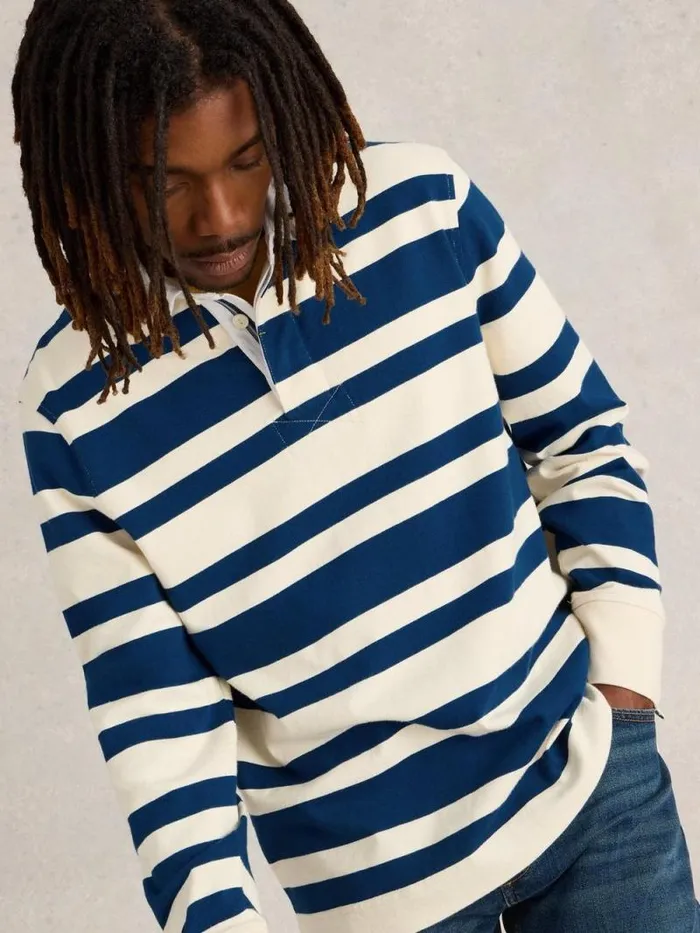 Men LS Stripe Rugby Shirt Navy Multi White Stuff Loungewear