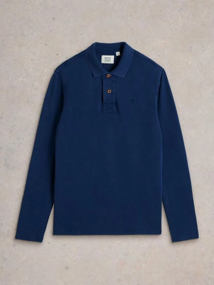 Men LS Utility Polo Deep Blue White Stuff Polo Shirts Men LS Utility Polo Deep Blue White Stuff Polo Shirts