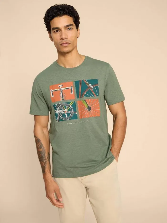 Men Ride Graphic Tee Green Print White Stuff TShirts