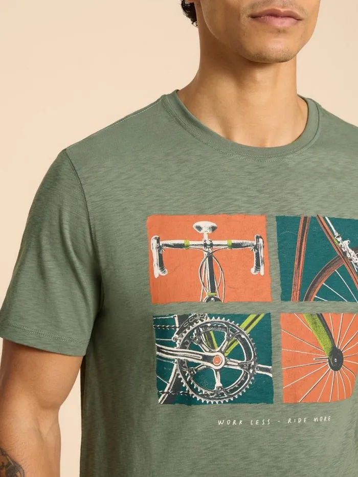 Men Ride Graphic Tee Green Print White Stuff TShirts Men Ride Graphic Tee Green Print White Stuff TShirts