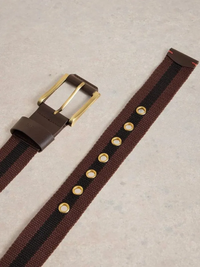 Men Striped Webbing Belt Dark Brown White Stuff Belts