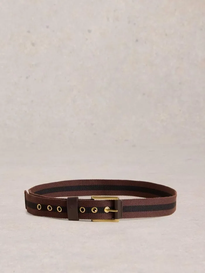 Men Striped Webbing Belt Dark Brown White Stuff Belts Men Striped Webbing Belt Dark Brown White Stuff Belts