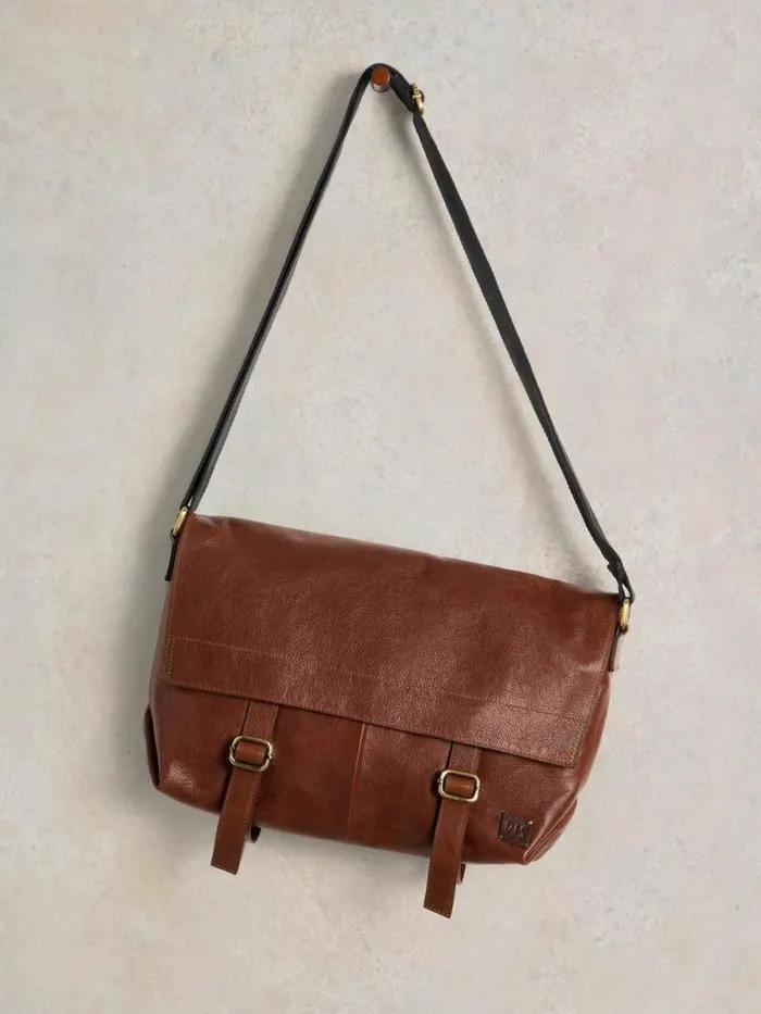 Men Teddy Leather Messenger Bag Mid Tan White Stuff Bags