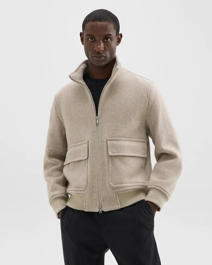 Men Theory Outerwear Straight Bomber Jacket In Meacutelange WoolBlend Melton Fawn Melange