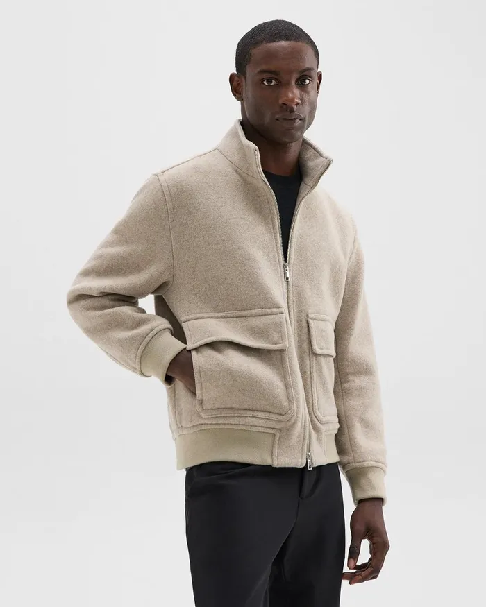 Men Theory Outerwear Straight Bomber Jacket In Meacutelange WoolBlend Melton Fawn Melange
