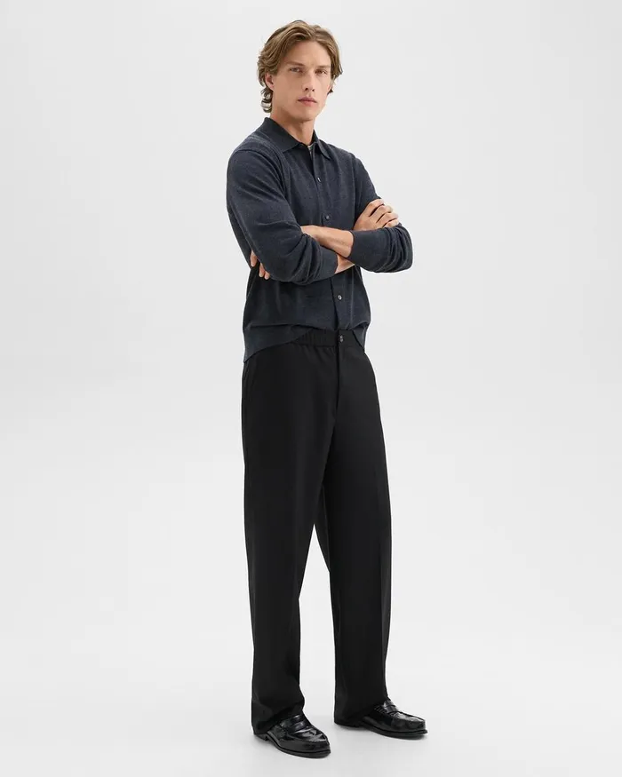 Men Theory Pants WideLeg Drawstring Pant In Stretch Flannel Black