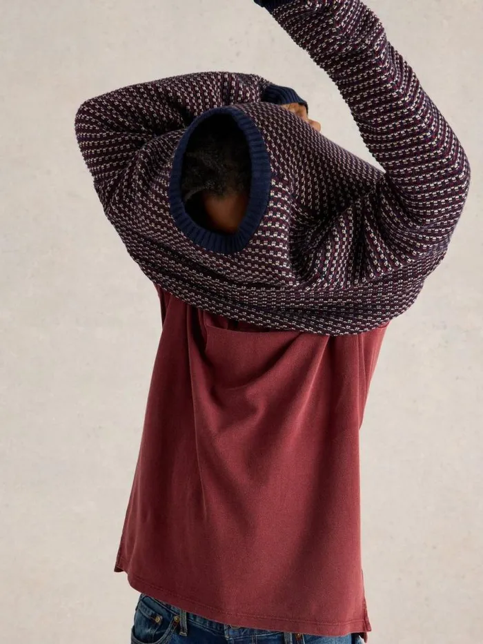 Men Tuck Stitch Crew Plum Multi White Stuff Knitwear