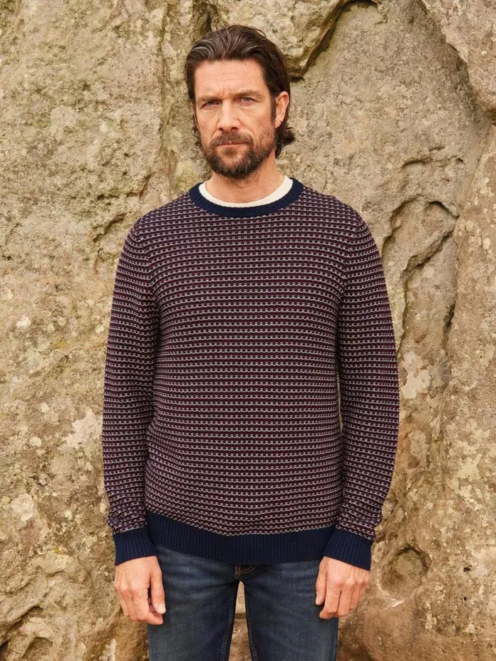 Men Tuck Stitch Crew Plum Multi White Stuff Knitwear Men Tuck Stitch Crew Plum Multi White Stuff Knitwear