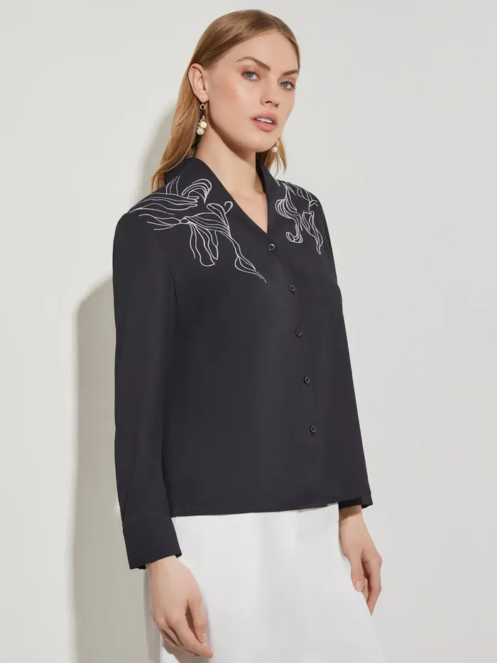 Misook Abstract Stitch Embroidered ButtonFront Crepe Blouse Women Blouses and Shirts