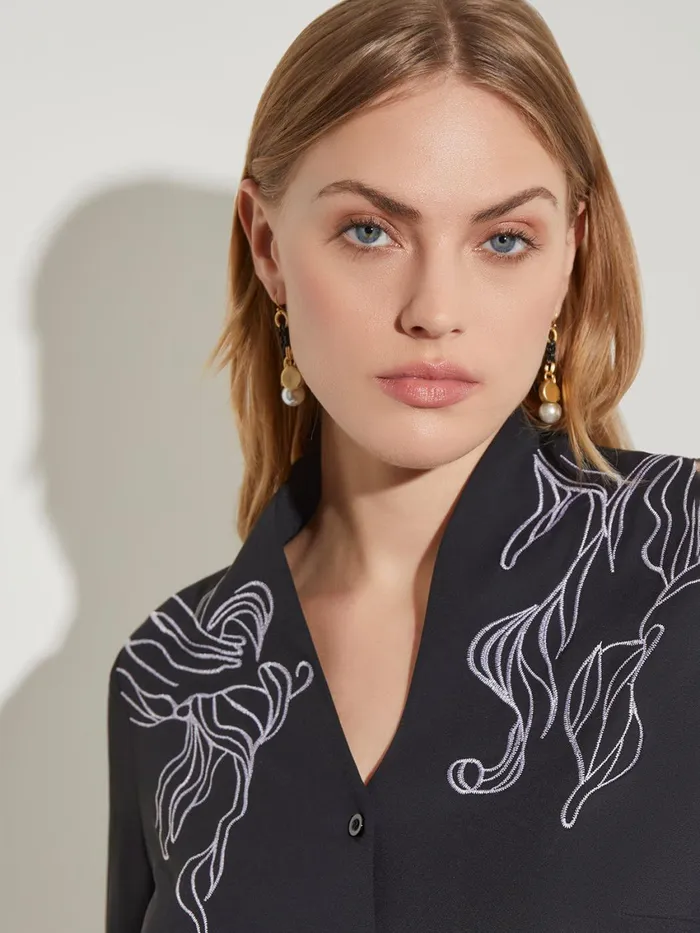 Misook Abstract Stitch Embroidered ButtonFront Crepe Blouse Women Blouses and Shirts
