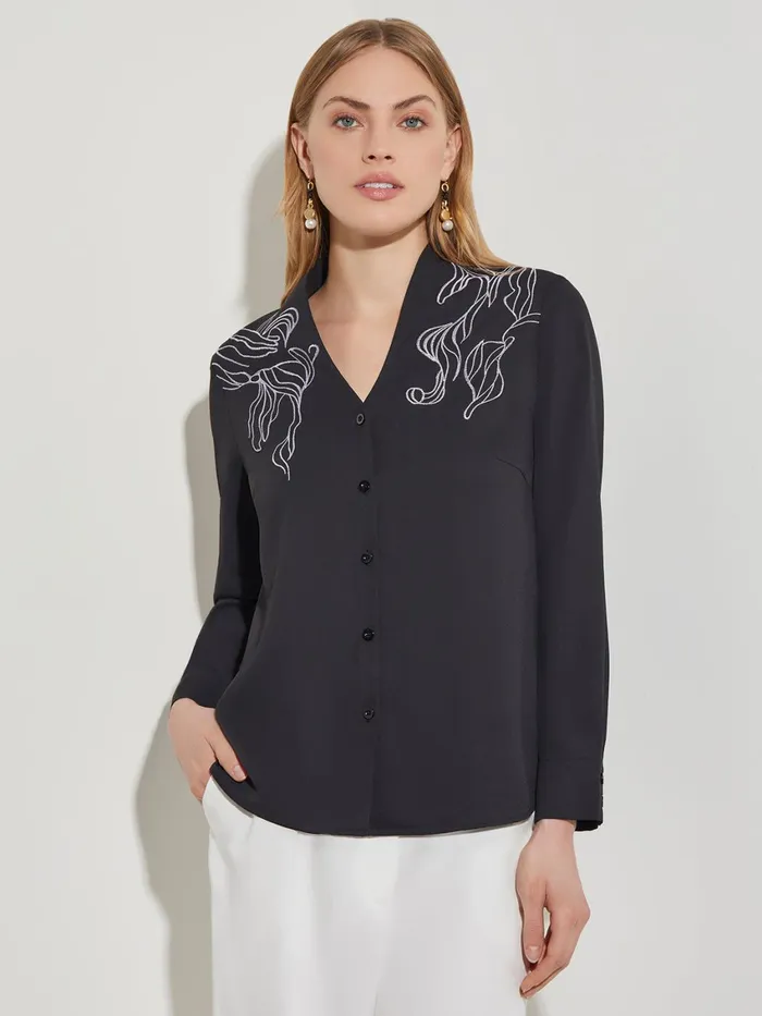 Misook Abstract Stitch Embroidered ButtonFront Crepe Blouse Women Tops and Tees