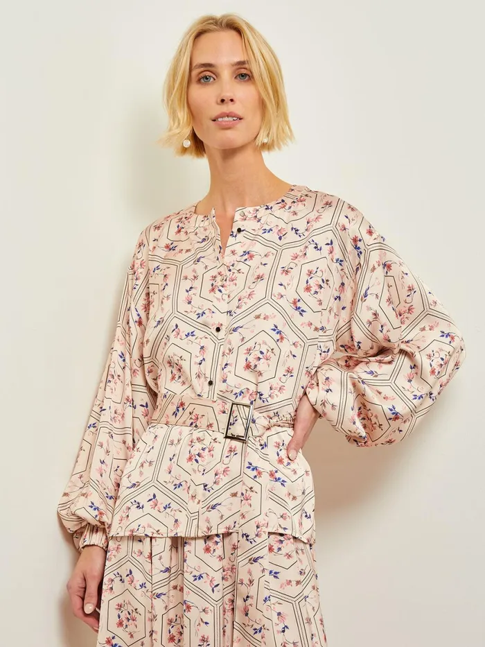 Misook Balloon Sleeve Belted Blouse 8211 Floral Print Crepe De Chine Women Tops and Tees