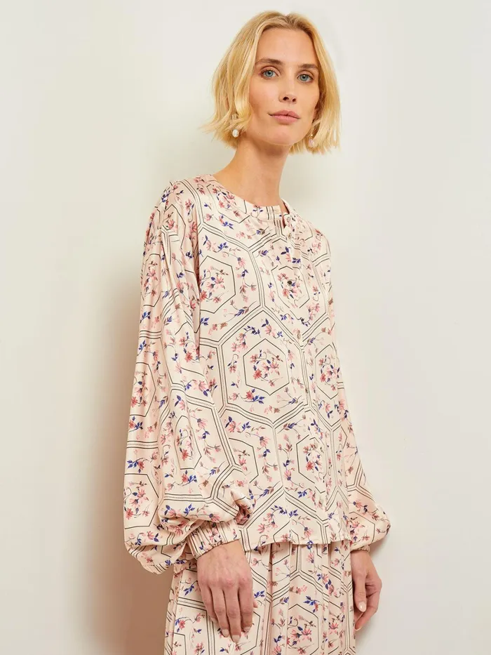 Misook Balloon Sleeve Belted Blouse 8211 Floral Print Crepe De Chine Women Tops and Tees