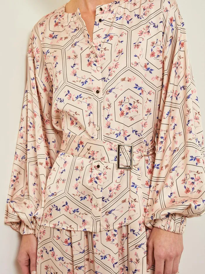 Misook Balloon Sleeve Belted Blouse 8211 Floral Print Crepe De Chine Women Tops and Tees
