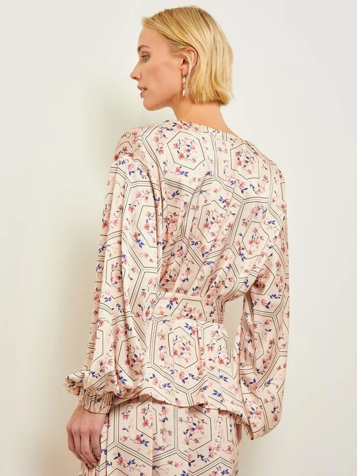 Misook Balloon Sleeve Belted Blouse 8211 Floral Print Crepe De Chine Women Tops and Tees